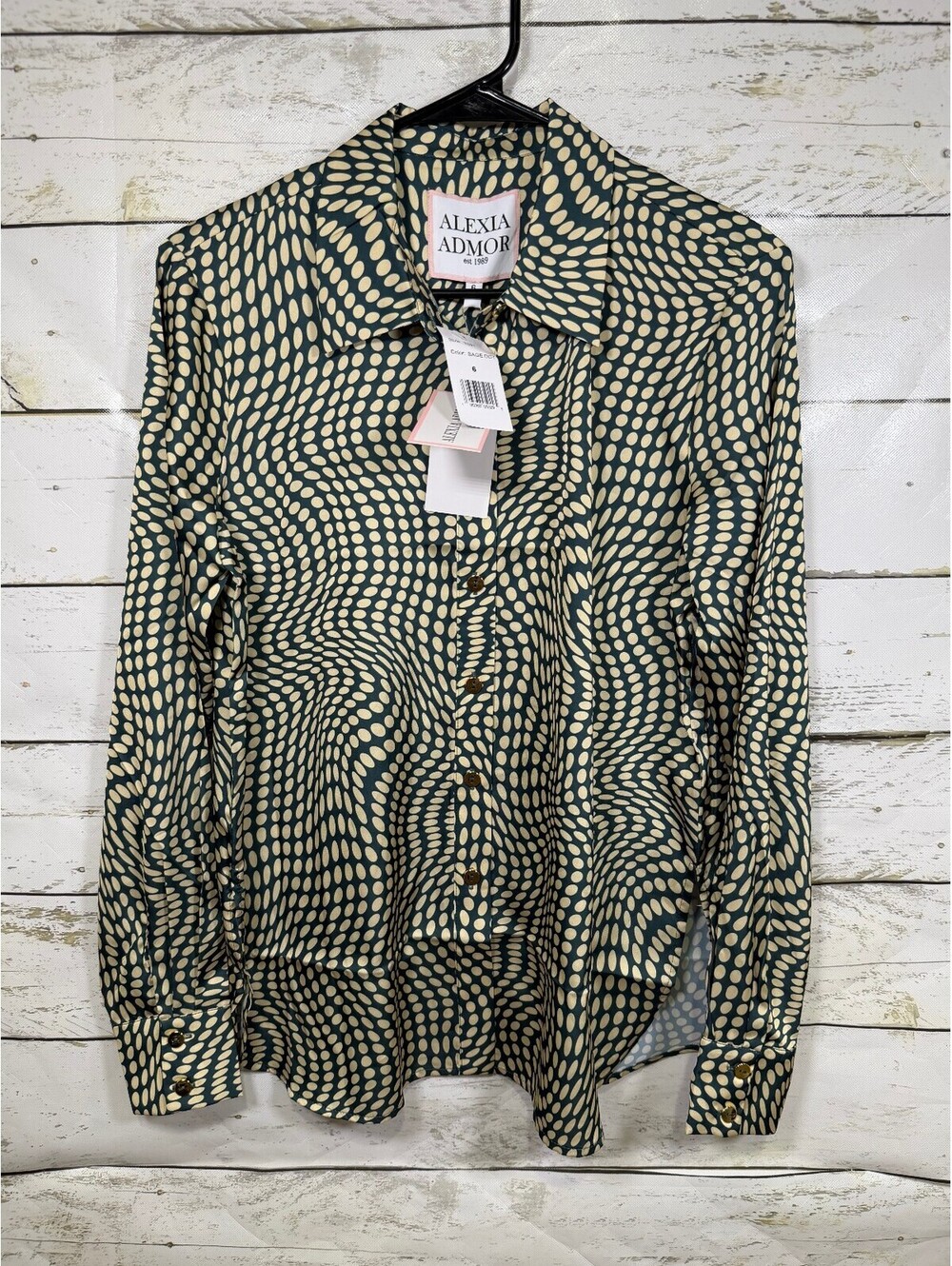 Alexia Admor Rylin Silk Blouse Sage Dot Button Up NWT Size 6